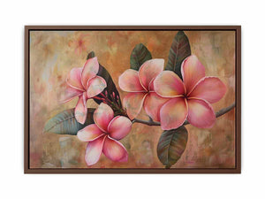 Pink plumeria floral canvas print for soft tropical bedroom wall decor.