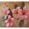 Pink plumeria floral canvas print for soft tropical bedroom wall decor.