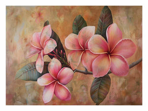 Pink plumeria floral canvas print for soft tropical bedroom wall decor.