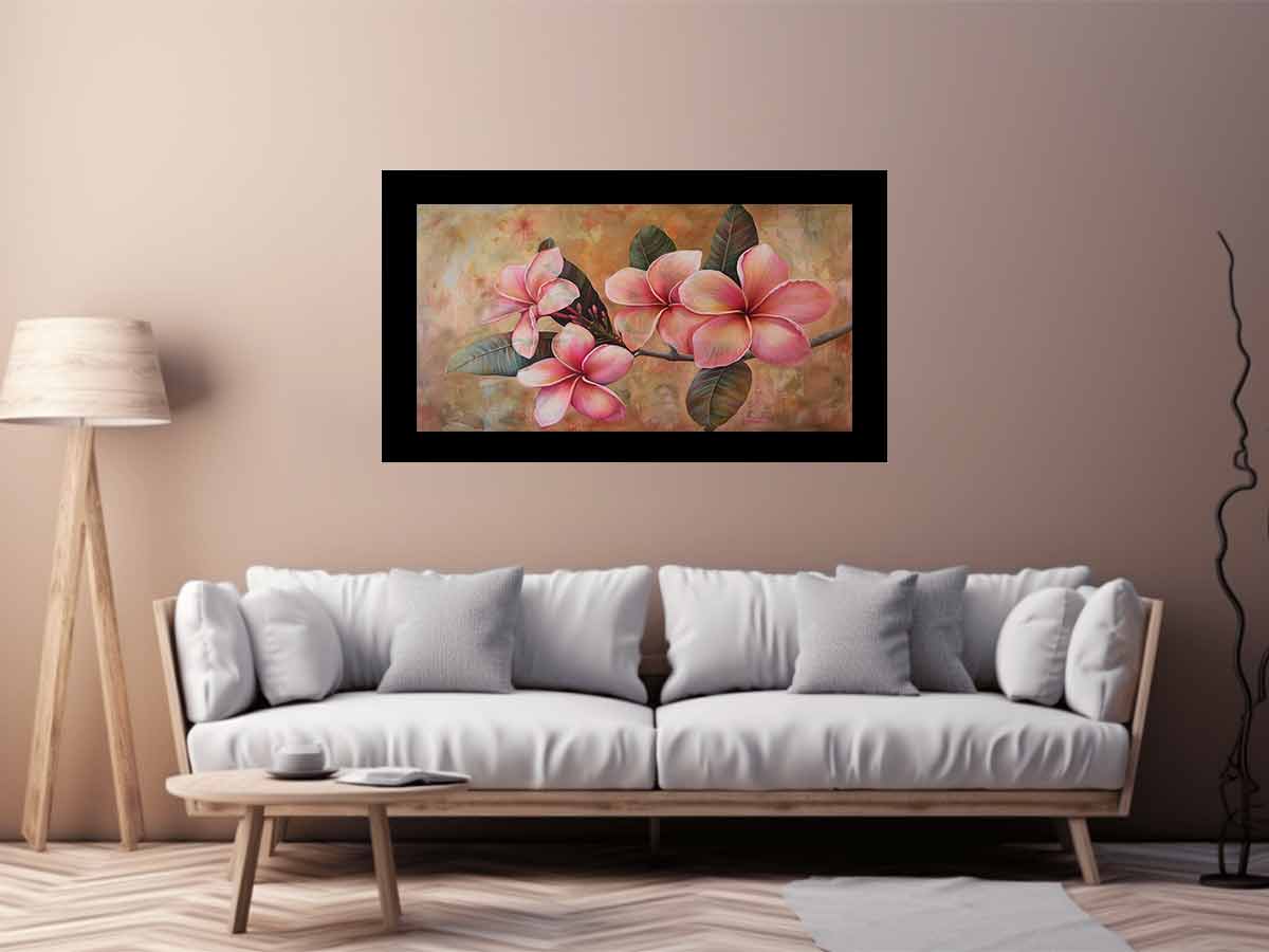 Pink plumeria floral canvas print for soft tropical bedroom wall decor.
