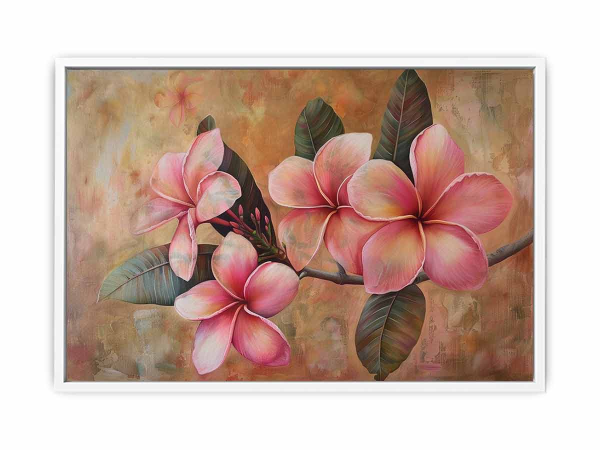 Pink plumeria floral canvas print for soft tropical bedroom wall decor.