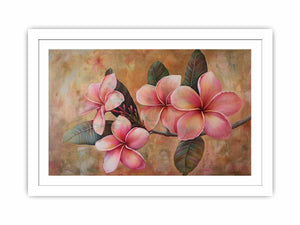 Pink plumeria floral canvas print for soft tropical bedroom wall decor.