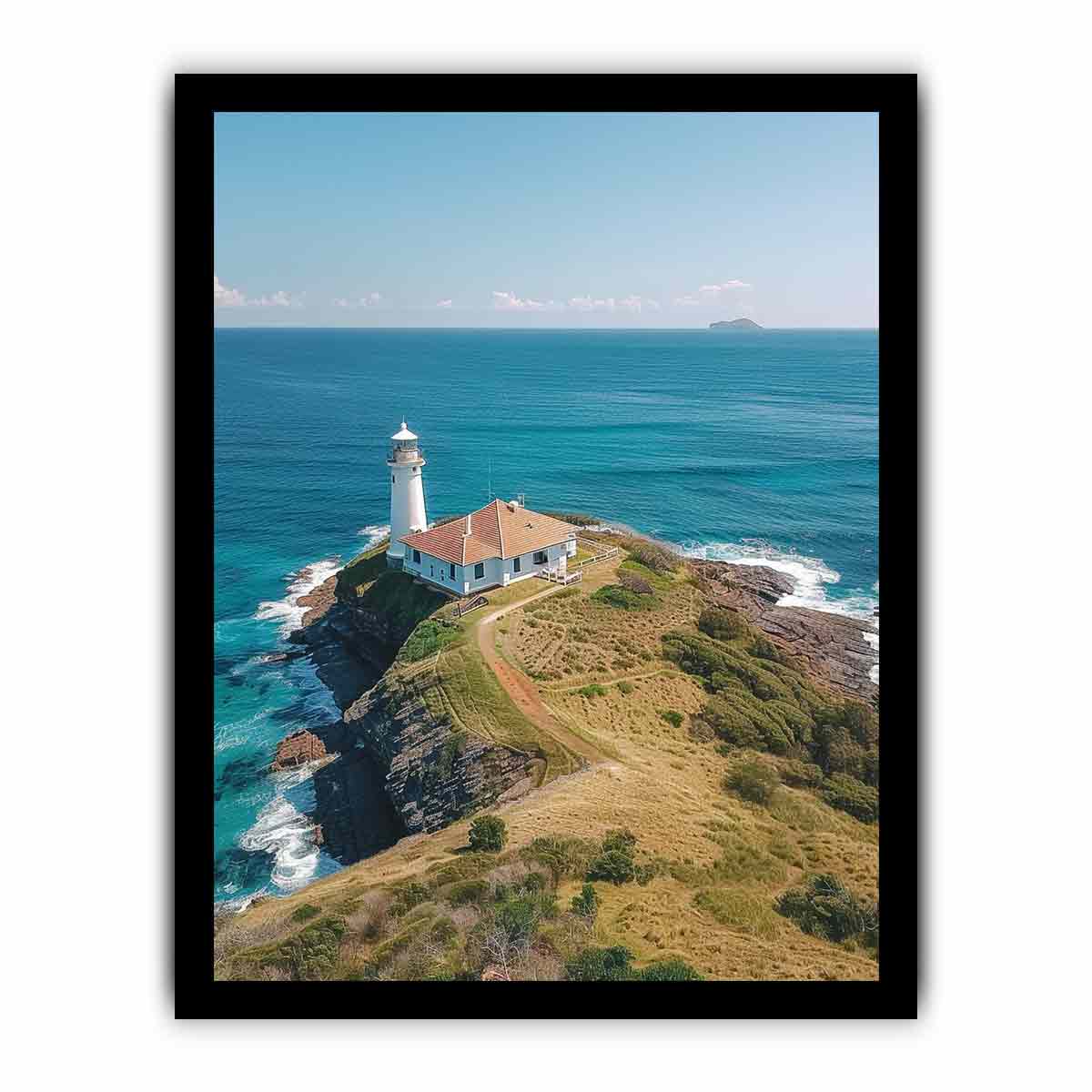 Coastal lighthouse canvas art with turquoise ocean for beach house living room decor.