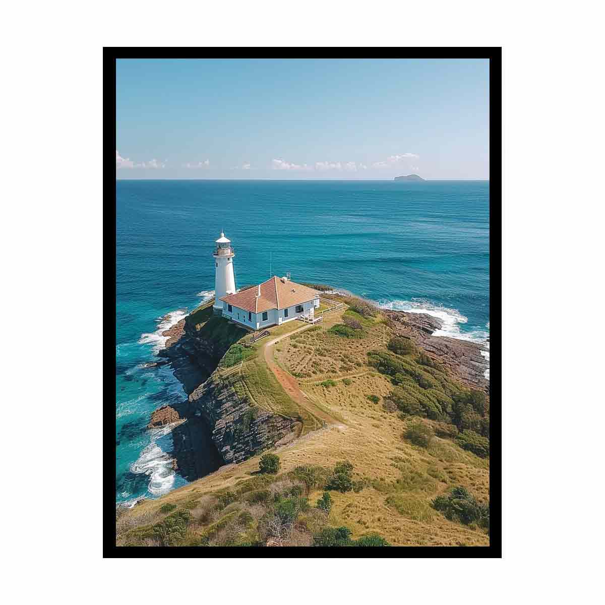 Coastal lighthouse canvas art with turquoise ocean for beach house living room decor.