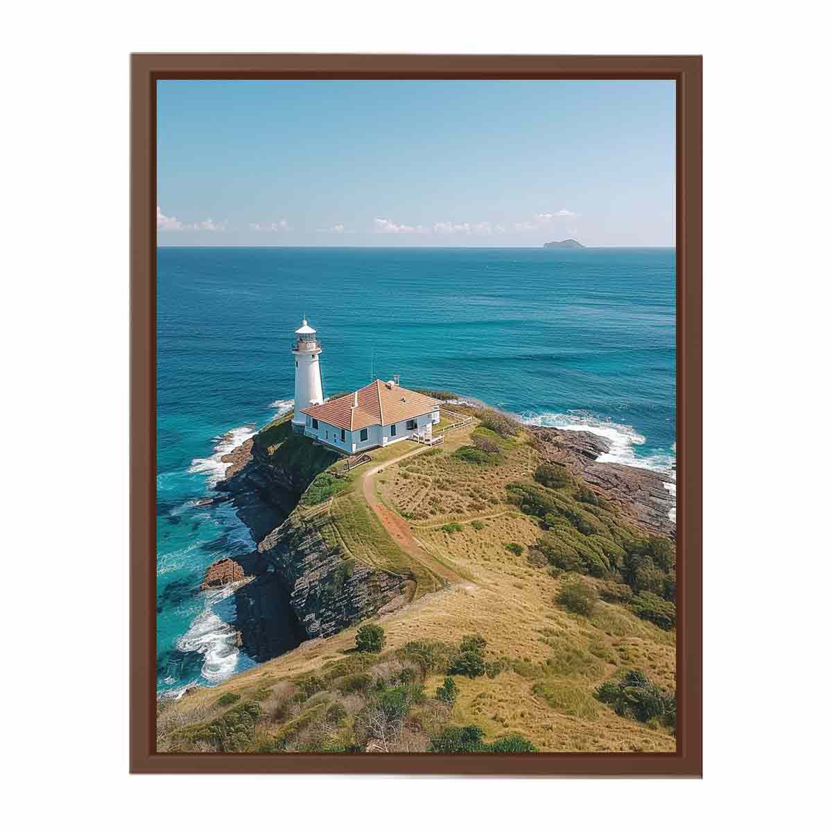 Coastal lighthouse canvas art with turquoise ocean for beach house living room decor.