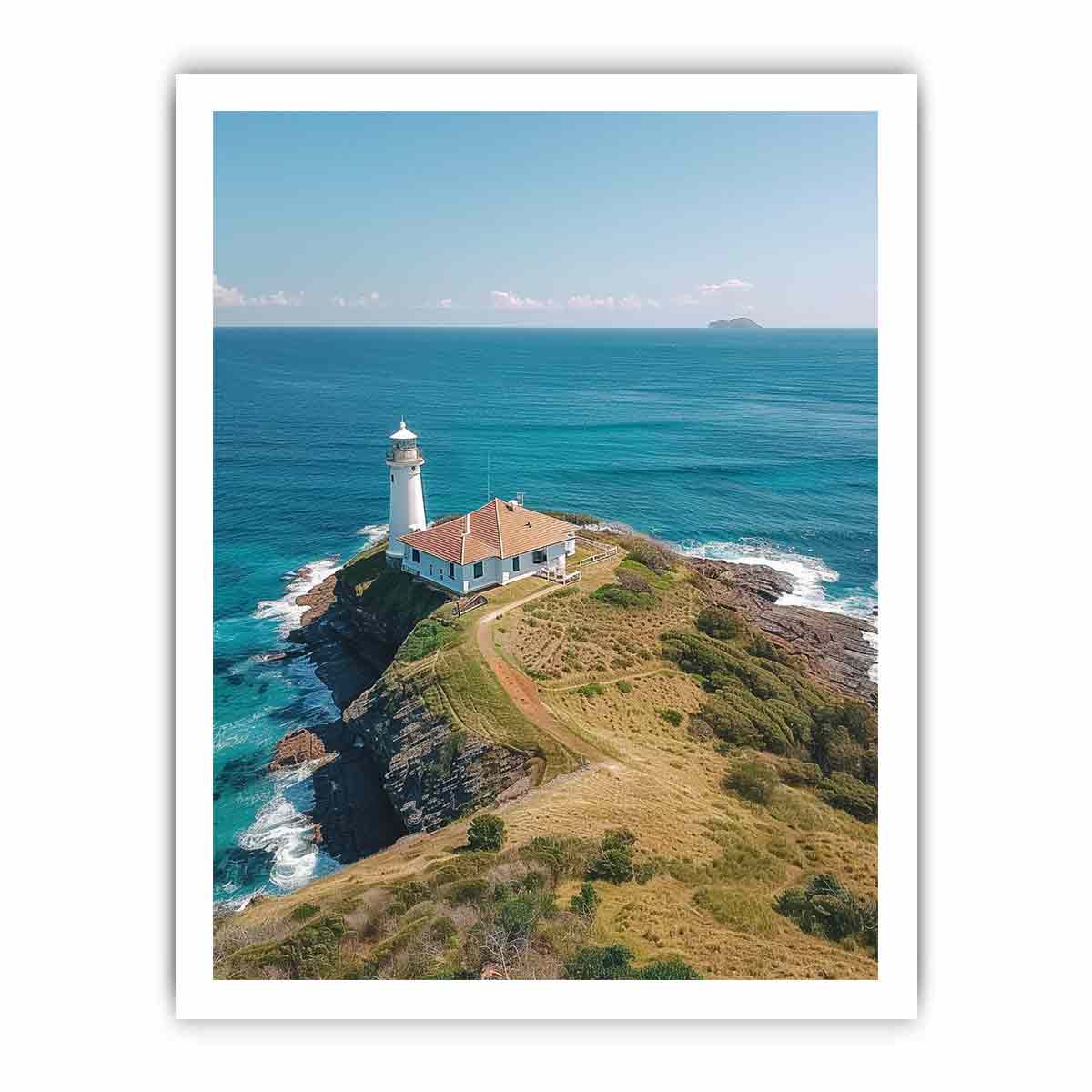 Coastal lighthouse canvas art with turquoise ocean for beach house living room decor.