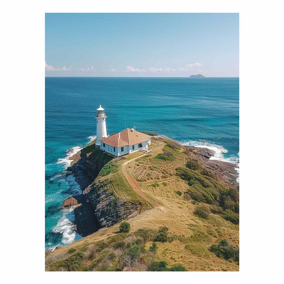 Coastal lighthouse canvas art with turquoise ocean for beach house living room decor.