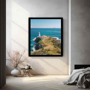 Coastal lighthouse canvas art with turquoise ocean for beach house living room decor.