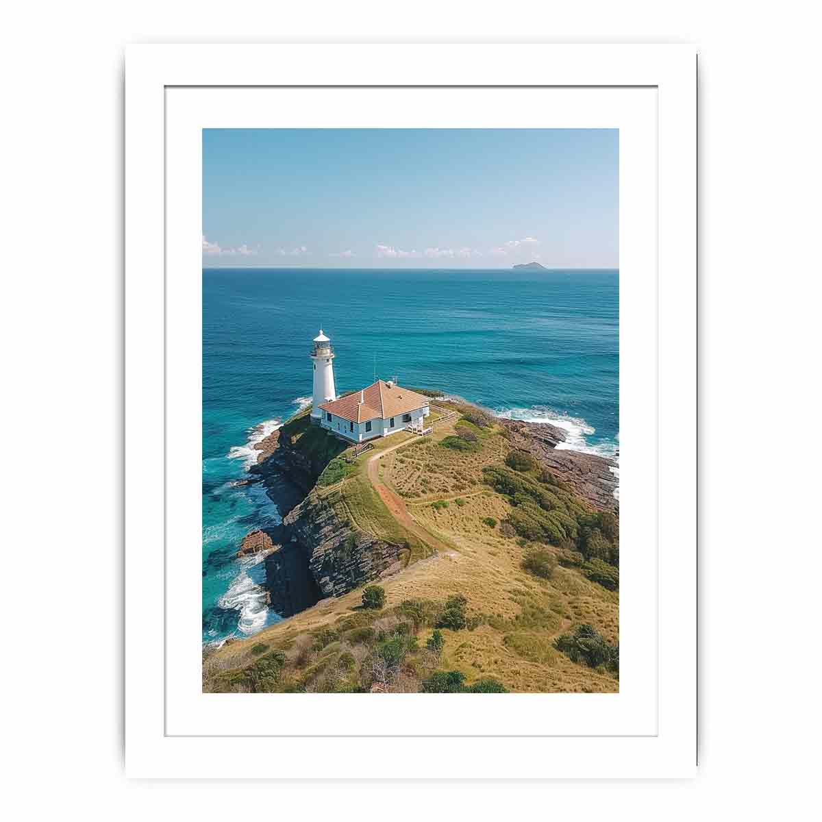 Coastal lighthouse canvas art with turquoise ocean for beach house living room decor.