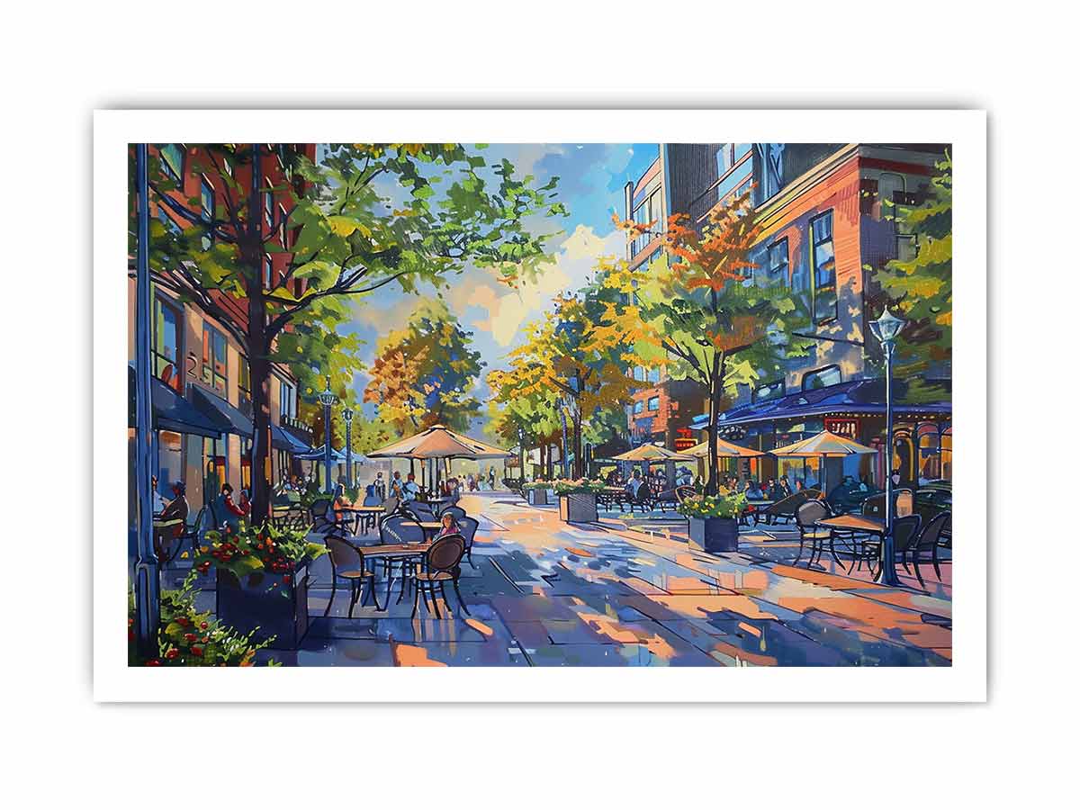 Colorful cafe street canvas art with trees and outdoor tables for modern living room decor.