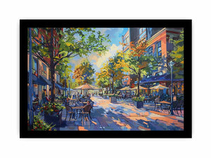 Colorful cafe street canvas art with trees and outdoor tables for modern living room decor.