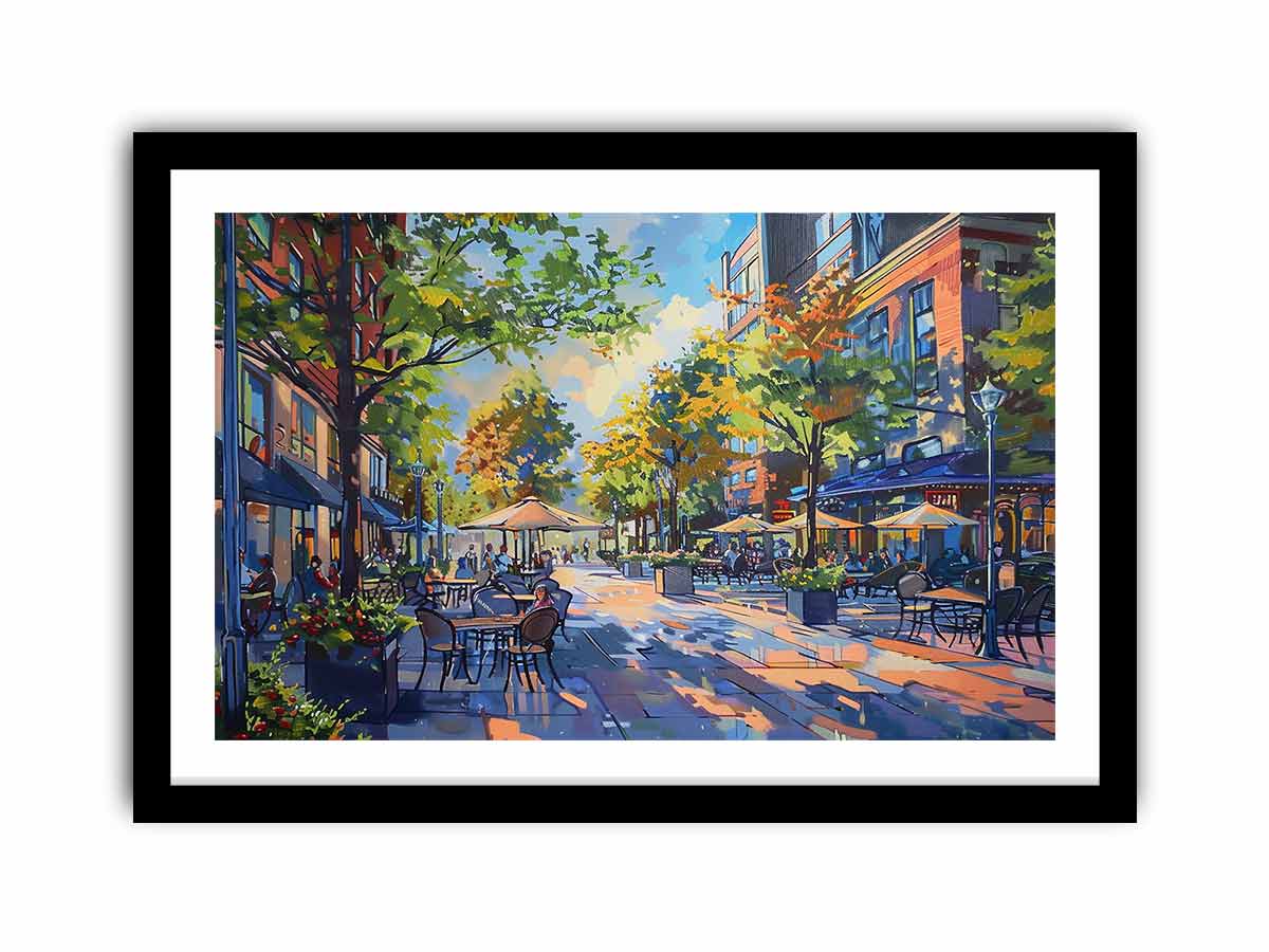 Colorful cafe street canvas art with trees and outdoor tables for modern living room decor.