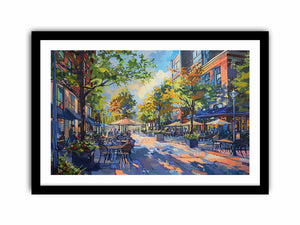 Colorful cafe street canvas art with trees and outdoor tables for modern living room decor.