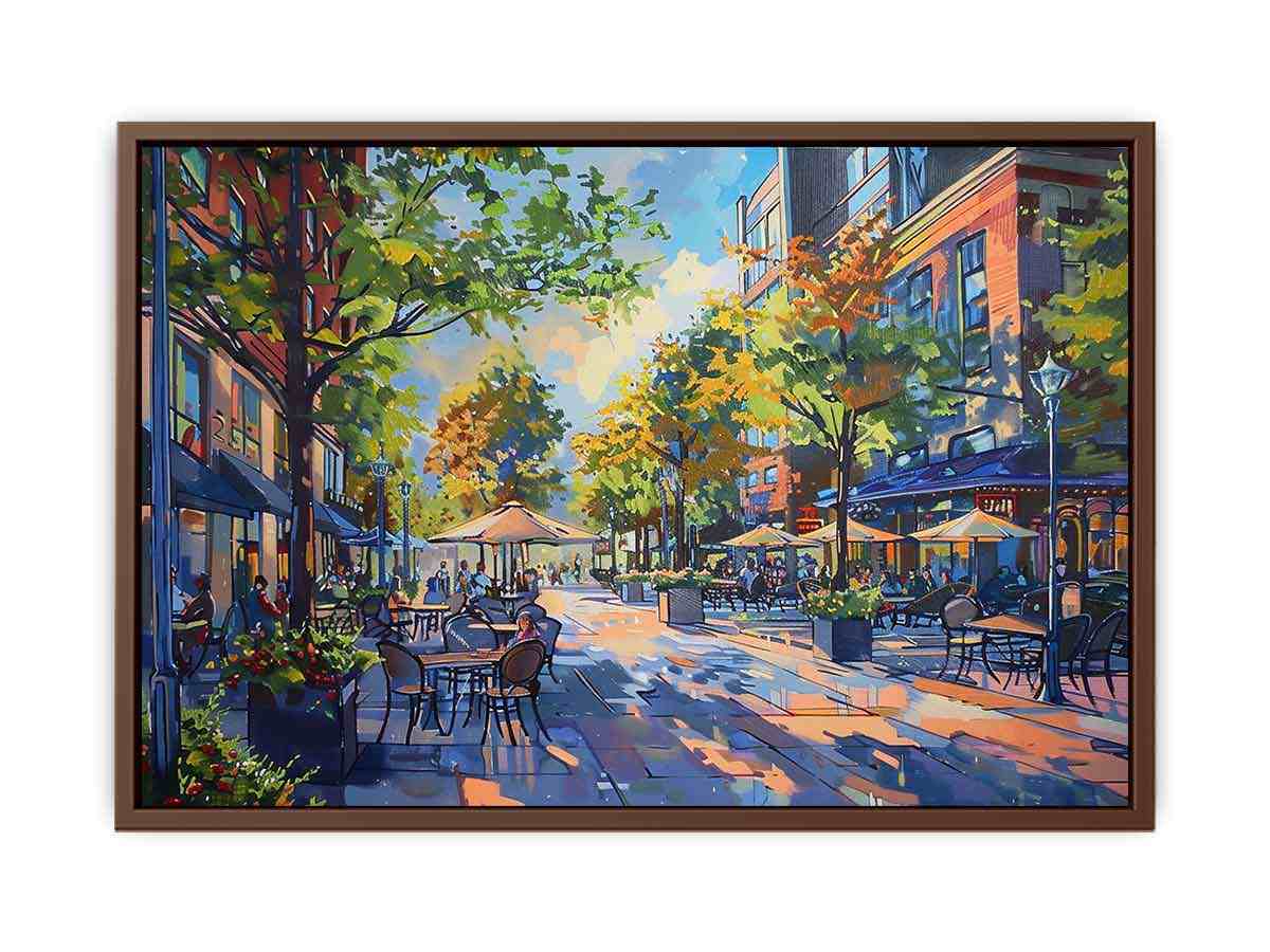 Colorful cafe street canvas art with trees and outdoor tables for modern living room decor.