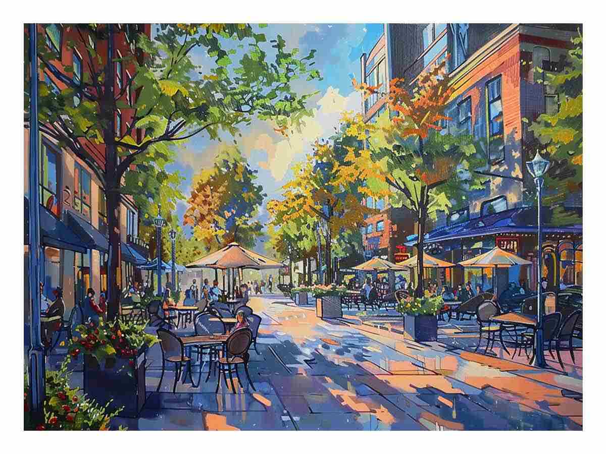 Colorful cafe street canvas art with trees and outdoor tables for modern living room decor.