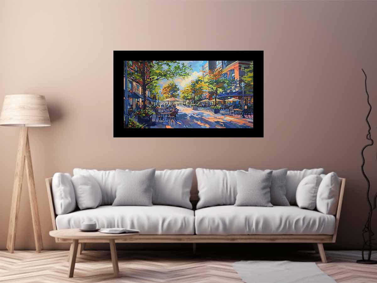 Colorful cafe street canvas art with trees and outdoor tables for modern living room decor.
