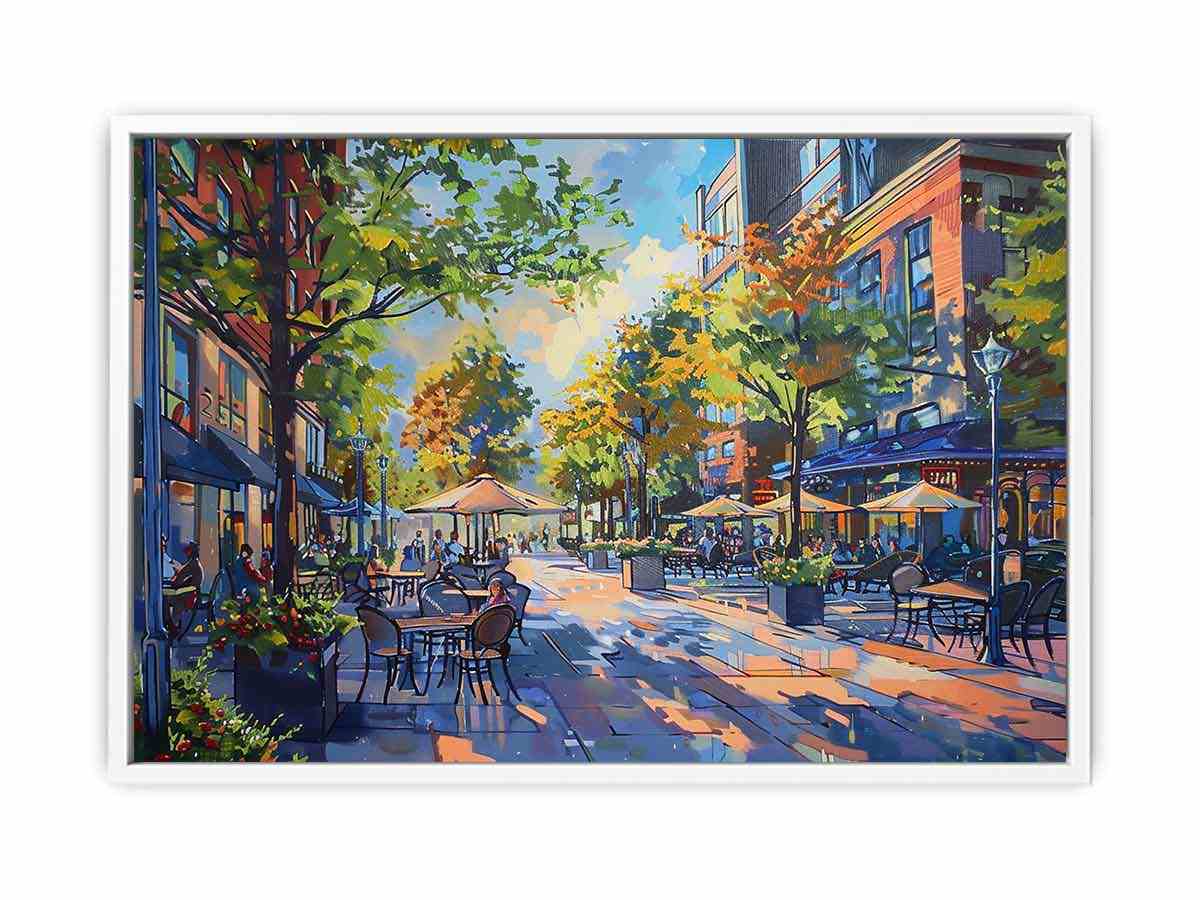 Colorful cafe street canvas art with trees and outdoor tables for modern living room decor.