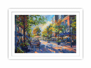 Colorful cafe street canvas art with trees and outdoor tables for modern living room decor.