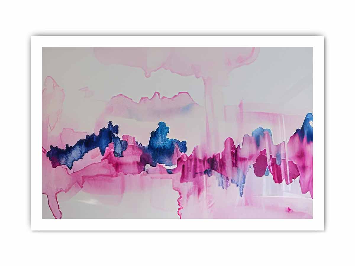 Pink and blue abstract canvas art with fluid watercolor movement for calm bedroom decor.