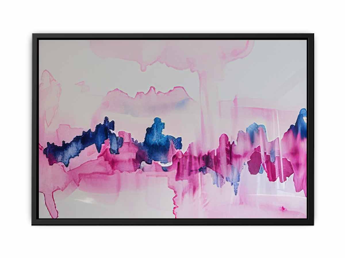 Pink and blue abstract canvas art with fluid watercolor movement for calm bedroom decor.