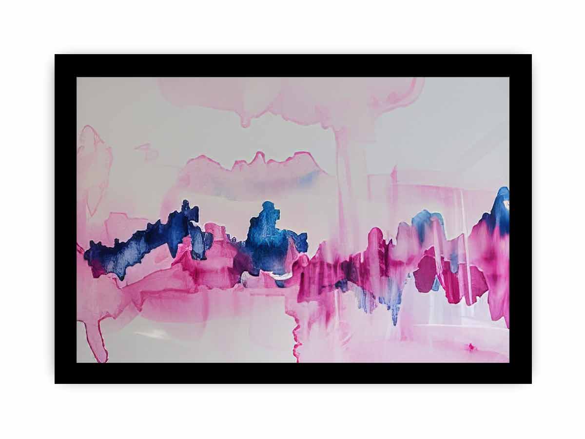 Pink and blue abstract canvas art with fluid watercolor movement for calm bedroom decor.