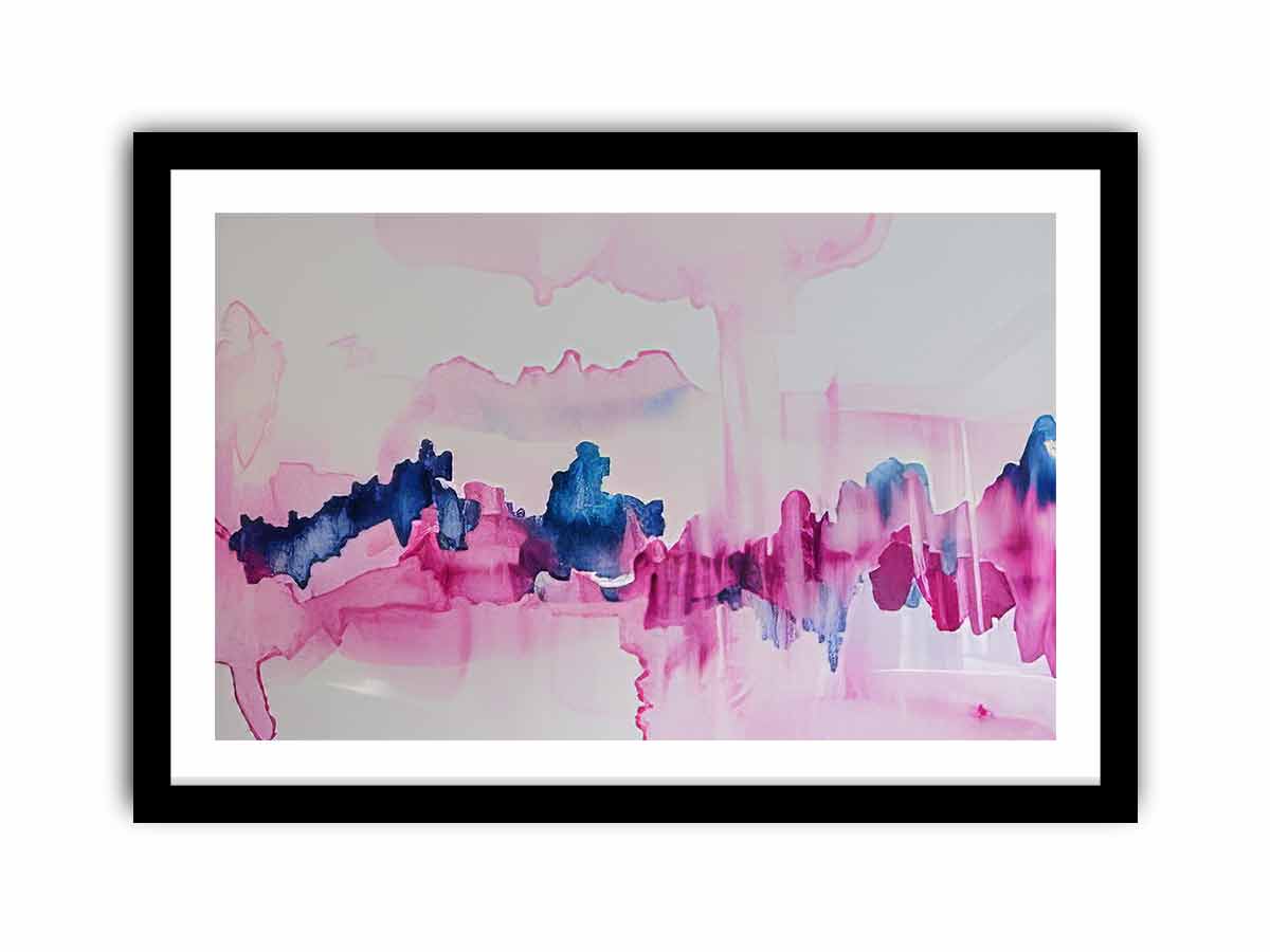 Pink and blue abstract canvas art with fluid watercolor movement for calm bedroom decor.