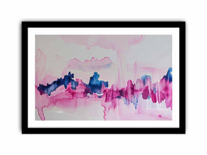 Pink and blue abstract canvas art with fluid watercolor movement for calm bedroom decor.