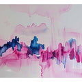 Pink and blue abstract canvas art with fluid watercolor movement for calm bedroom decor.