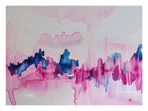Pink and blue abstract canvas art with fluid watercolor movement for calm bedroom decor.