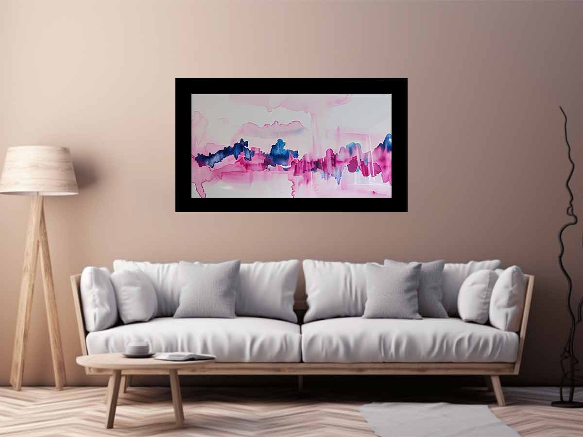 Pink and blue abstract canvas art with fluid watercolor movement for calm bedroom decor.