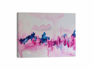 Pink and blue abstract canvas art with fluid watercolor movement for calm bedroom decor.