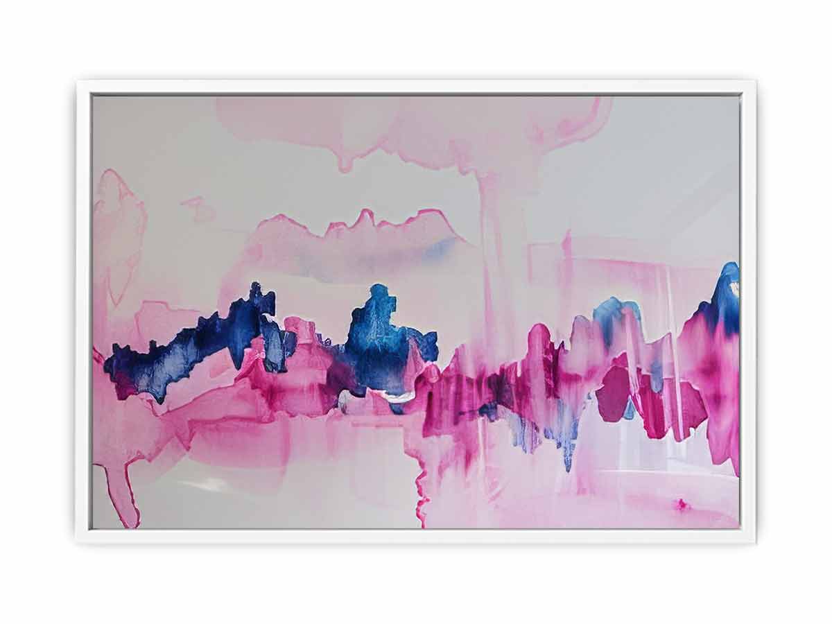 Pink and blue abstract canvas art with fluid watercolor movement for calm bedroom decor.