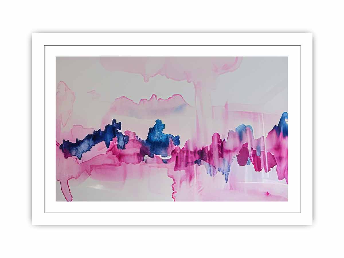 Pink and blue abstract canvas art with fluid watercolor movement for calm bedroom decor.