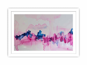Pink and blue abstract canvas art with fluid watercolor movement for calm bedroom decor.