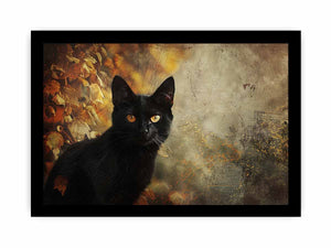 Black cat autumn canvas art with golden eyes and leaves for moody living room decor.