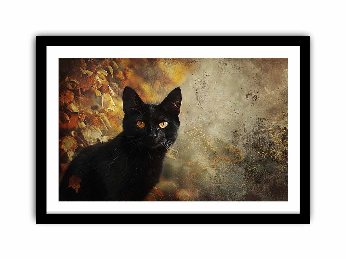 Black cat autumn canvas art with golden eyes and leaves for moody living room decor.