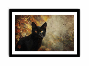 Black cat autumn canvas art with golden eyes and leaves for moody living room decor.