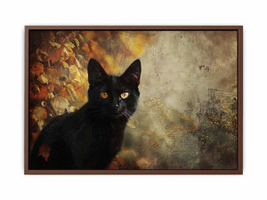 Black cat autumn canvas art with golden eyes and leaves for moody living room decor.
