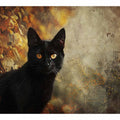 Black cat autumn canvas art with golden eyes and leaves for moody living room decor.