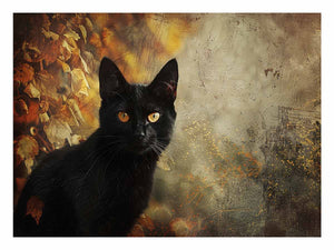 Black cat autumn canvas art with golden eyes and leaves for moody living room decor.
