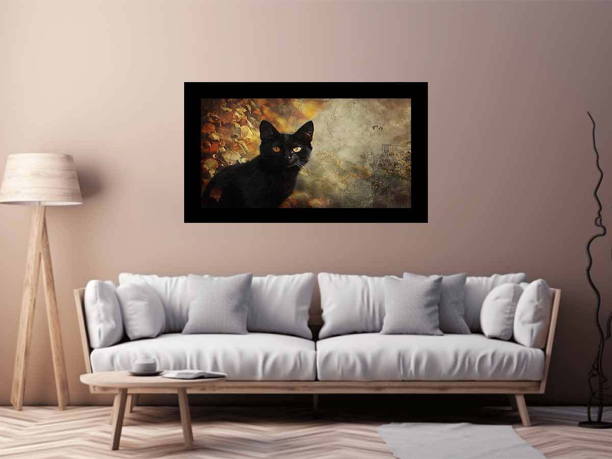 Black cat autumn canvas art with golden eyes and leaves for moody living room decor.