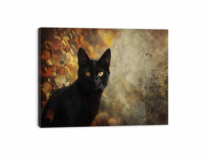 Black cat autumn canvas art with golden eyes and leaves for moody living room decor.