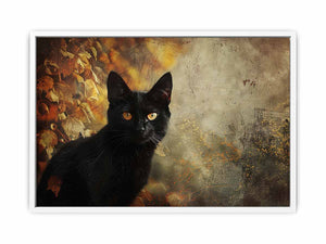 Black cat autumn canvas art with golden eyes and leaves for moody living room decor.