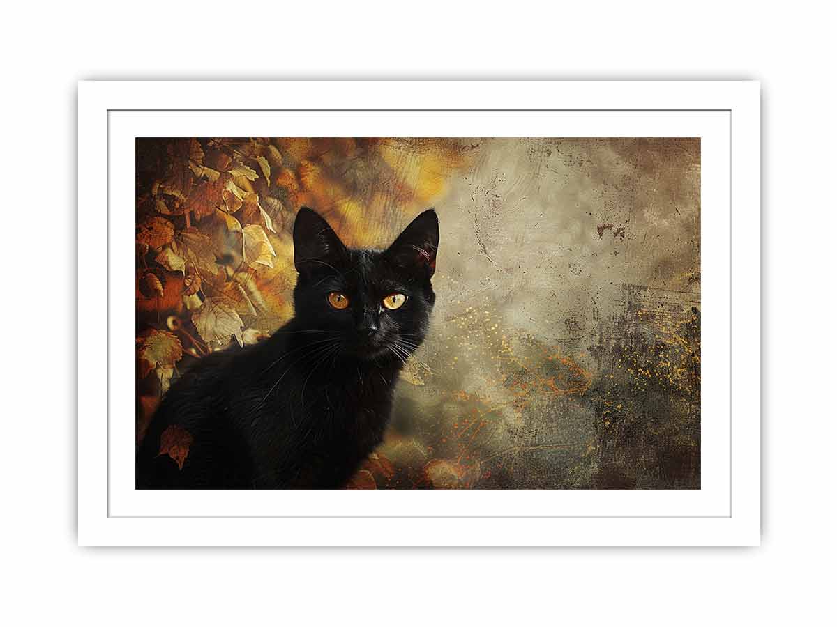 Black cat autumn canvas art with golden eyes and leaves for moody living room decor.