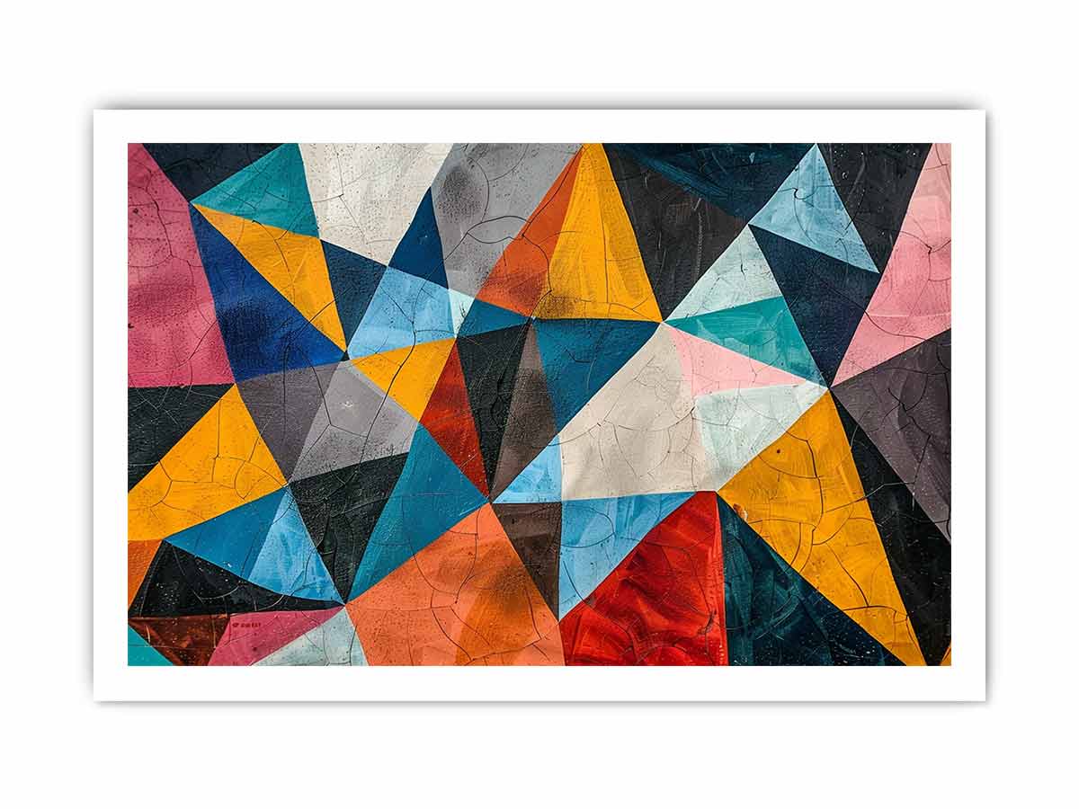 Colorful geometric abstract canvas art with triangles for bold modern living room decor.