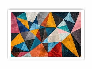 Colorful geometric abstract canvas art with triangles for bold modern living room decor.