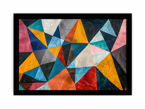 Colorful geometric abstract canvas art with triangles for bold modern living room decor.