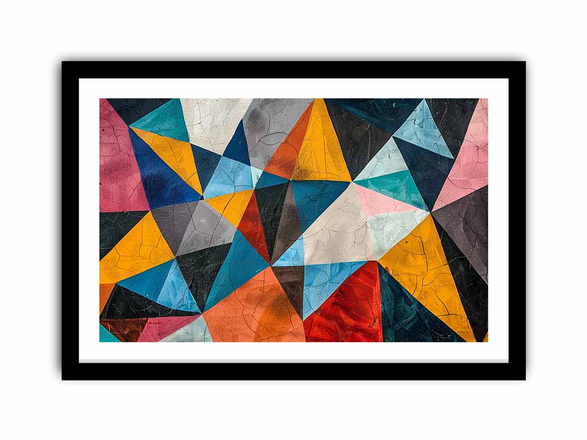 Colorful geometric abstract canvas art with triangles for bold modern living room decor.