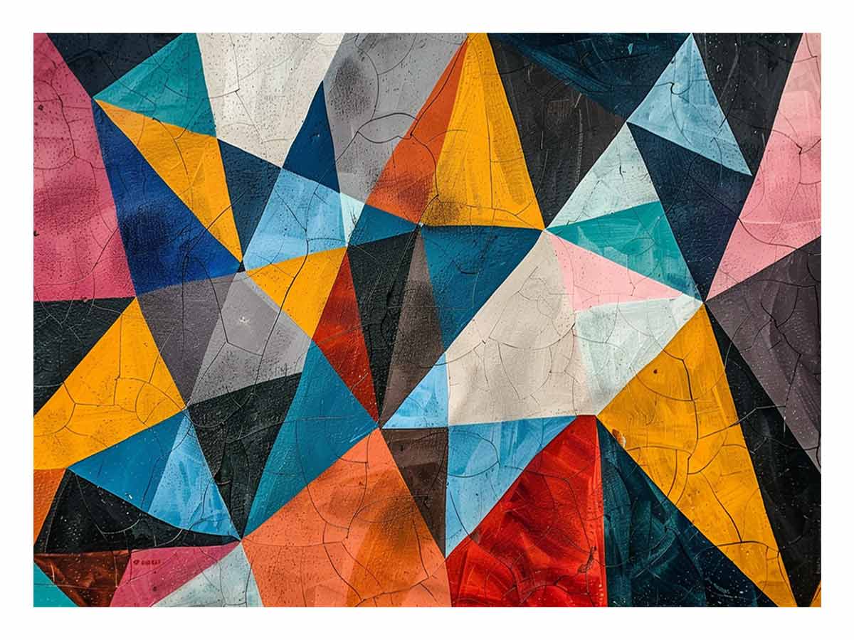 Colorful geometric abstract canvas art with triangles for bold modern living room decor.
