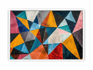 Colorful geometric abstract canvas art with triangles for bold modern living room decor.